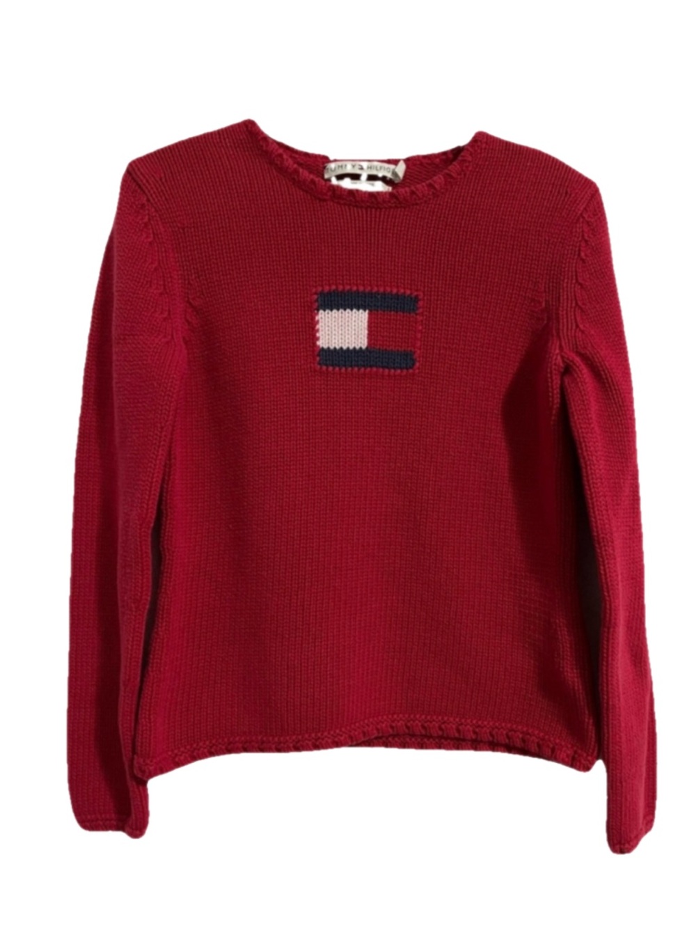 Tommy Hilfiger Red Knit Crewneck Sweater with Flag Logo
